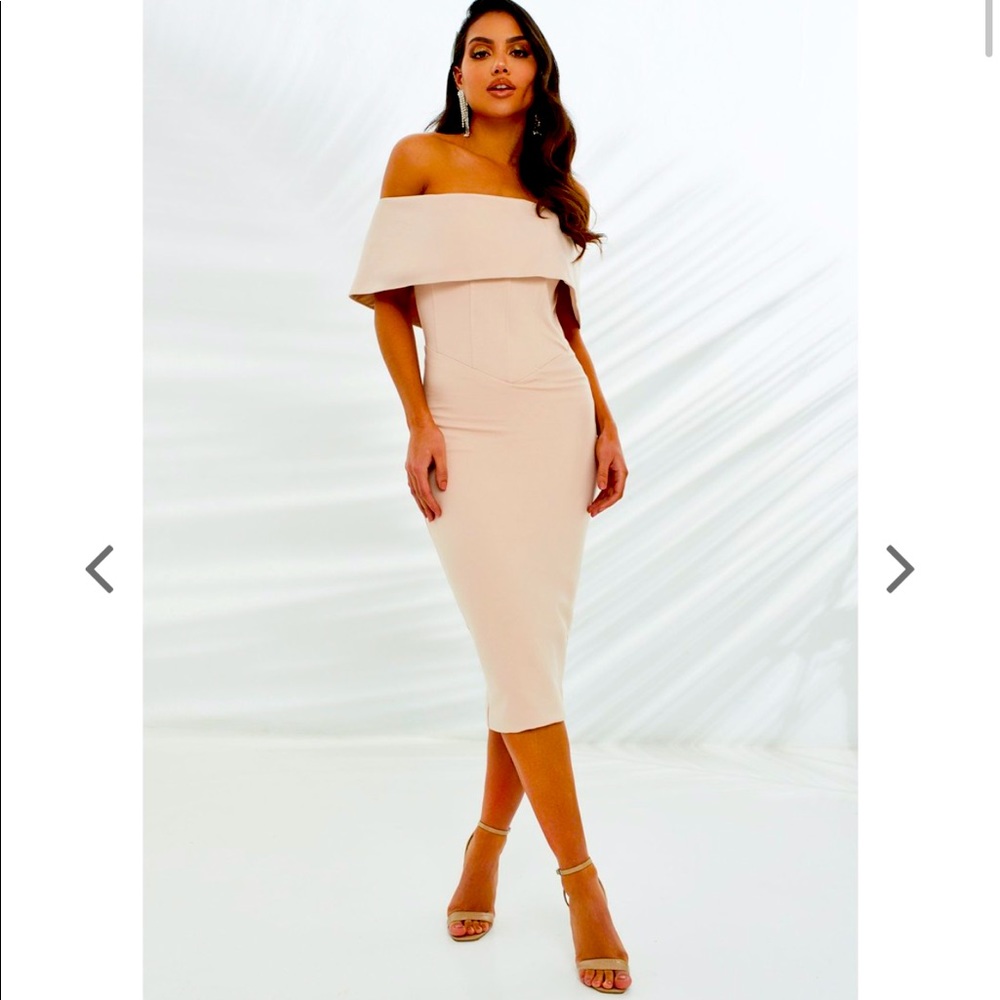 LAVISH ALICE CORSET STYLE BARDOT MIDI DRESS IN STONE
